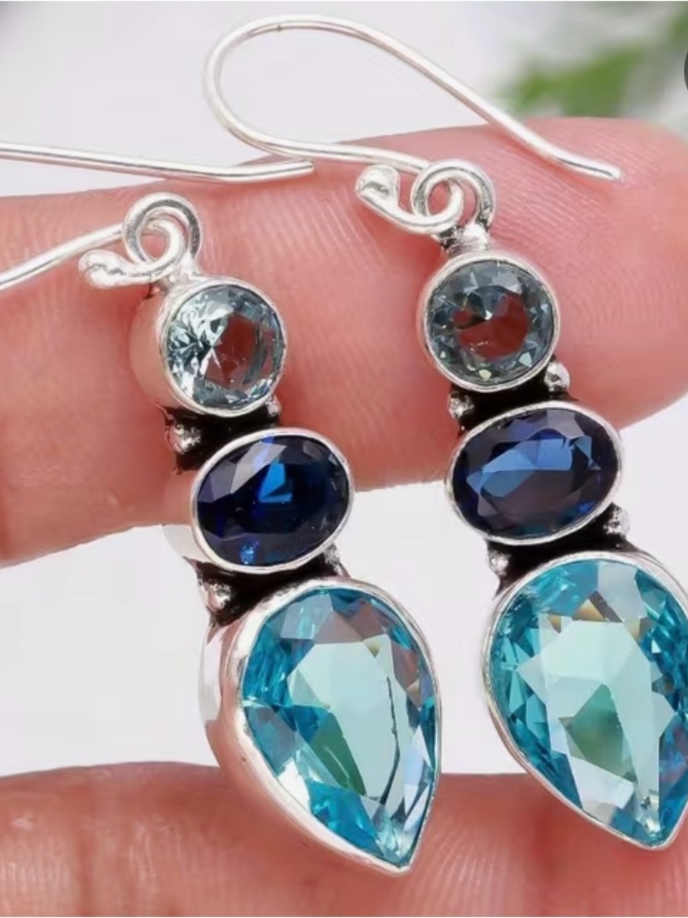 Silver Drop Earrings Blue and Teal Stones Boho style for day or evening NWOT - Picture 2 of 5
